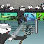 白いキャラクターがテニスの試合をしているマンガ風のイラスト。