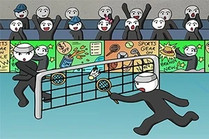 スポーツ観戦する観客の前でシャトルを追う2人のキャラクター。