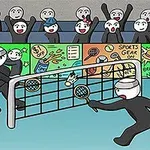 スポーツ観戦する観客の前でシャトルを追う2人のキャラクター。