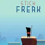 キャラクターが山頂に立ち、棒を持って遠くを見つめているシンプルなイラスト。