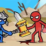 青いキャラクターが兜をかぶり、赤いキャラクターと戦う様子が描かれている。