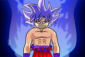 紫色の髪をしたキャラクターが、青いオーラに包まれた姿。