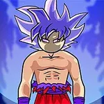 紫色の髪をしたキャラクターが、青いオーラに包まれた姿。