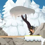 雪に覆われた山を背景に、狸の帽子をかぶったキャラクターが橋をわたるアニメーションシーン。