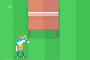 緑の背景に、オレンジの帽子をかぶったキャラクターが白い球を投げて、赤いテーブルのような物体に向かっているイラスト。