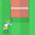 緑の背景に、オレンジの帽子をかぶったキャラクターが白い球を投げて、赤いテーブルのような物体に向かっているイラスト。
