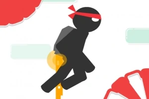 黒いシルエットのキャラクターが赤いはちまきを巻いて右を向いている。