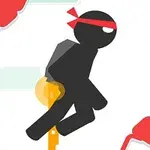黒いシルエットのキャラクターが赤いはちまきを巻いて右を向いている。