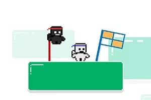 緑色のプラットフォームに立つ黒いキャラクターと白いキャラクター、隣に旗が立っている。