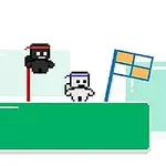 緑色のプラットフォームに立つ黒いキャラクターと白いキャラクター、隣に旗が立っている。