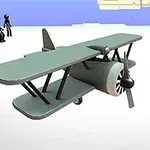 灰色の複葉機の周りに黒いスティックフィギュアがいるイラスト。