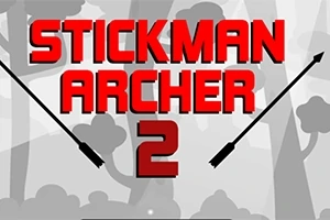 赤い文字で「STICKMAN ARCHER 2」と書かれたロゴが、シルエット調の森の背景に配置され、両端に矢が描かれている。