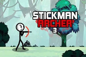スティックマンが弓矢を構えて森の中に立っているイラスト。