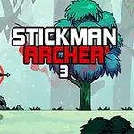 スティックマンが弓矢を構えて森の中に立っているイラスト。