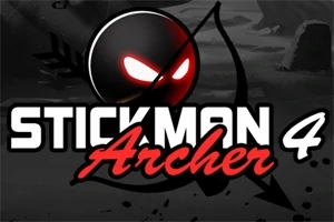 暗い背景に赤い目のスティックマンと弓矢、上に「Stickman Archer 4」の文字。