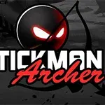 暗い背景に赤い目のスティックマンと弓矢、上に「Stickman Archer 4」の文字。