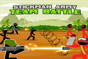 スティックマンのキャラクターたちが荒野で武器を持って戦っている場面。