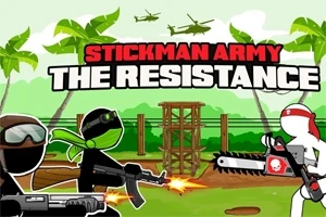ヘリコプターが飛んでいるジャングルの背景で、武装した二人のスティックマンが対峙している。