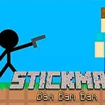 青い背景にスティックマンとピクセルアート風のキャラクターが立っており、スティックマンが銃を向けている。