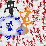 オレンジと黒のキャラクターが赤い棒人間に囲まれ、青いスピナーと青い光の円の中にいる。