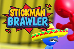 カラフルな背景に「STICKMAN BRAWLER」と書かれたテキストと、ソンブレロをかぶった青いキャラクターと赤いキャラクターが描かれている。