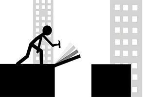 ビルの間にハンマーを持った棒人間が歩いているシンプルなモノクロのイラスト。