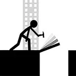 ビルの間にハンマーを持った棒人間が歩いているシンプルなモノクロのイラスト。