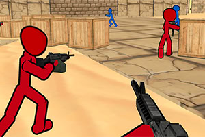 赤いスティックマンのキャラクターが銃を持ち、積み重ねられた木箱の近くを歩いている。