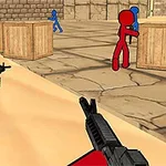 赤いスティックマンのキャラクターが銃を持ち、積み重ねられた木箱の近くを歩いている。