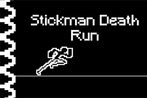 白黒のドット絵スタイルで、左に鋭い歯のトラップ、右に「Stickman Death Run」のテキストと斧のアイコンがある画面。