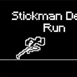 白黒のドット絵スタイルで、左に鋭い歯のトラップ、右に「Stickman Death Run」のテキストと斧のアイコンがある画面。