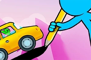 青いキャラクターが大きな鉛筆で黒い線を描き、それに沿って黄色い車が緑の運転手と一緒に走っているイラスト。