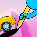 青いキャラクターが大きな鉛筆で黒い線を描き、それに沿って黄色い車が緑の運転手と一緒に走っているイラスト。