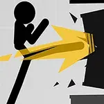 棒人間が黒い壁を黄色いエネルギー波で蹴り壊すイラスト。