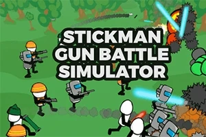 緑の背景に棒人間たちが武器を持って戦っているイラスト。