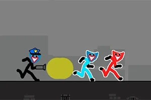 警官の帽子をかぶったキャラクターが懐中電灯を持って、青と赤のキャラクターを追いかけているシーン。