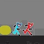 警官の帽子をかぶったキャラクターが懐中電灯を持って、青と赤のキャラクターを追いかけているシーン。