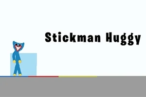 青いキャラクターが立っているシンプルな背景に「Stickman Huggy」という文字が書かれている画像。