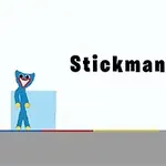 青いキャラクターが立っているシンプルな背景に「Stickman Huggy」という文字が書かれている画像。