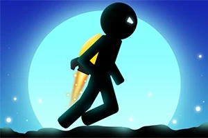 青い満月を背景に、ジェットパックを背負ったシルエットの人物が走っている。