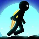 青い満月を背景に、ジェットパックを背負ったシルエットの人物が走っている。