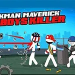 ヘルメットをかぶった黒いスティックマンがレーザーガンで敵を攻撃し、他のスティックマンが鎖や盾を持っている様子。