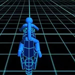 青い線で構成されたグリッドの上を走る青いキャラクターとバイク。