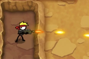 キャラクターが崖の中を歩きながら銃を撃っている。