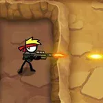 キャラクターが崖の中を歩きながら銃を撃っている。