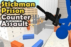 青いスティックマンが銃を持ち、コンテナや建物がある都市の風景が背景に広がっている。