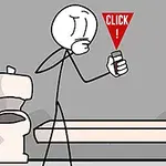 棒人間がトイレの隣でスマホを見て、赤い三角形に「CLICK！」と表示されている。