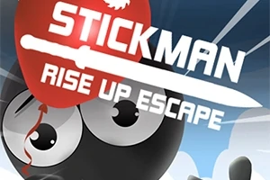 黒い背景に赤い風船と「STICKMAN RISE UP ESCAPE」という文字が白い剣のデザインと共に描かれているイラスト。