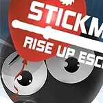 黒い背景に赤い風船と「STICKMAN RISE UP ESCAPE」という文字が白い剣のデザインと共に描かれているイラスト。