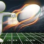 暗いスタジアムの中で、スティックマンがフィールドにラグビーボールをキックしている様子。